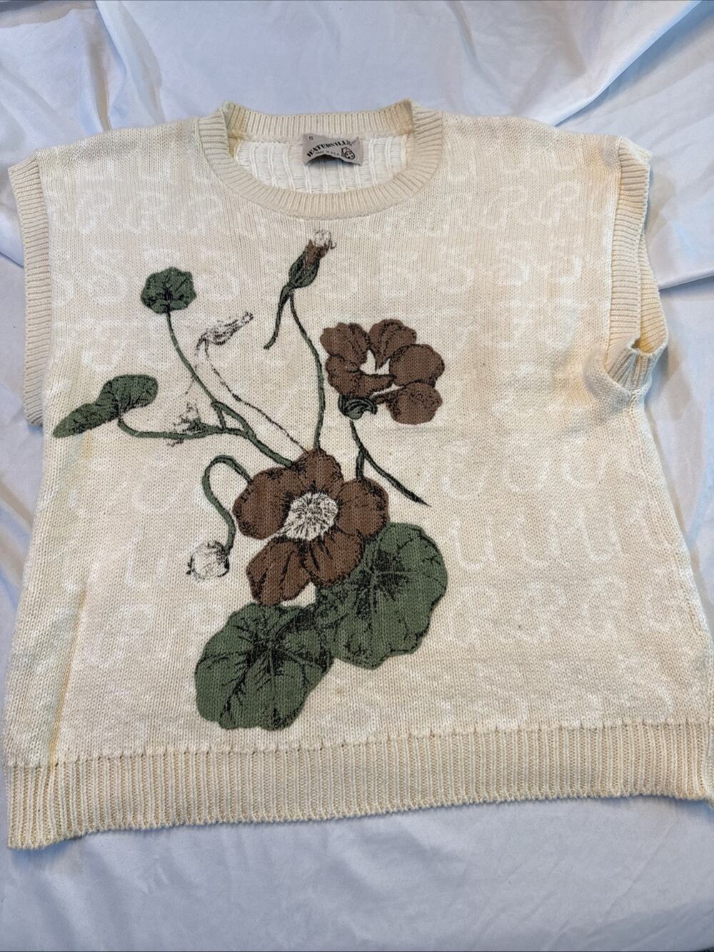 Vtg Waterville Floral Sweater Vest Womens S Cream Botanical USA COTTAGECORE
